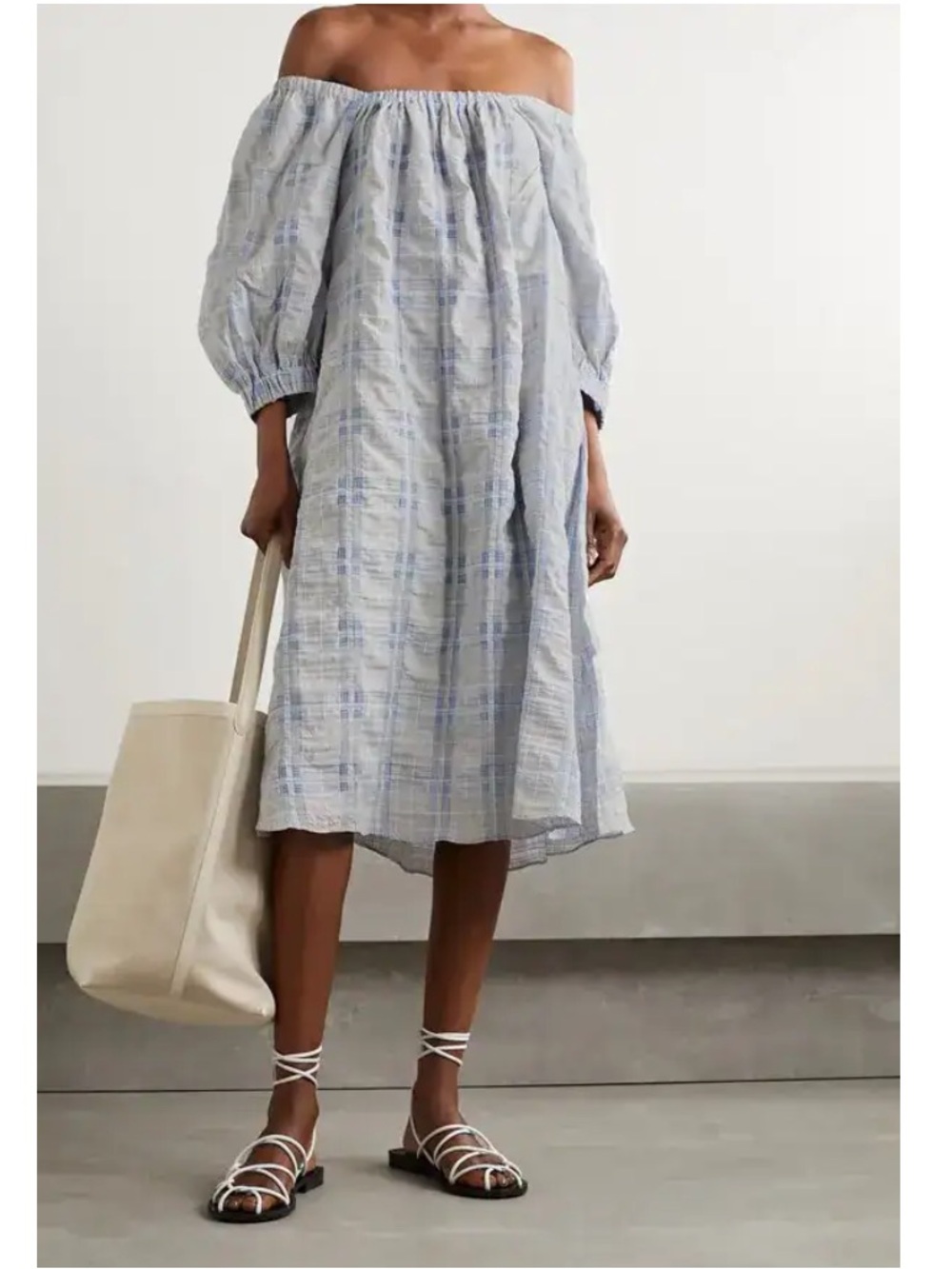 REMAIN BIRGER CHRISTENSEN Lea Off-The-Shoulder Checked Seersucker Midi Dress